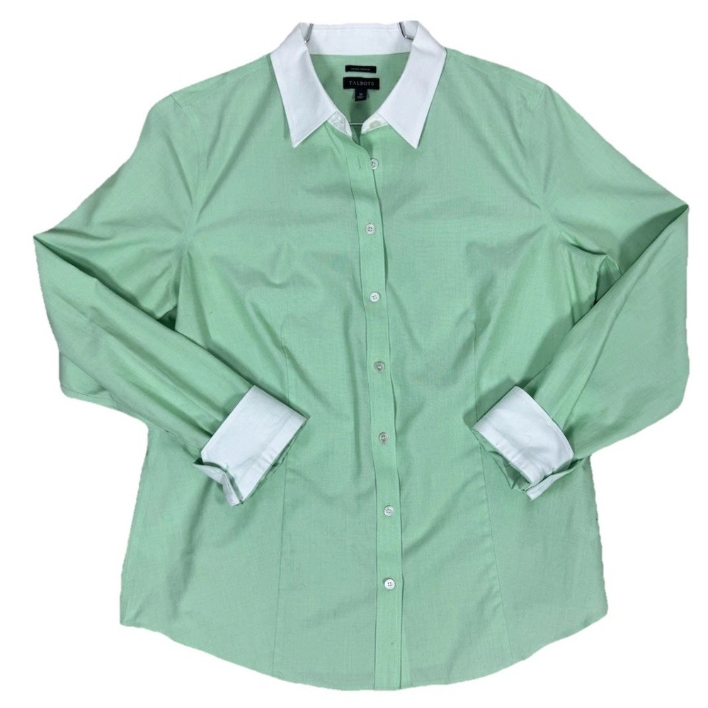 Talbots Wrinkle Resistant Lime Green & White Button Up Shirt Size 10 Career Work